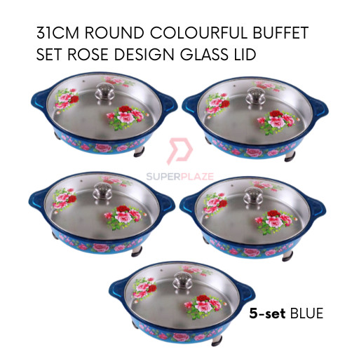 Blue 5 Sets 31cm Round Colorful Buffet Set Rose Design Glass Lid Food Pan Chafing Dish Tray