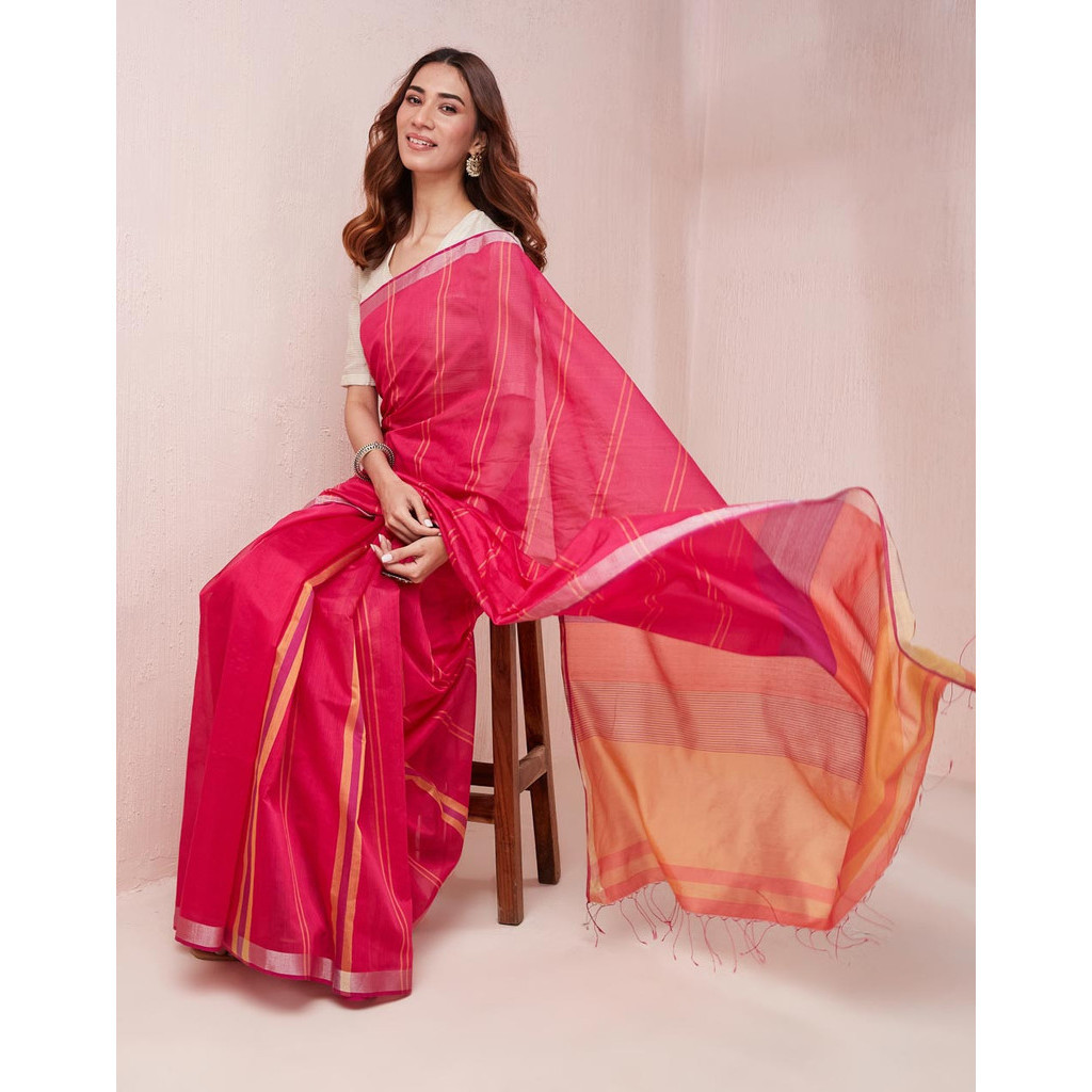 Pink Viscose Blend Woven Sari