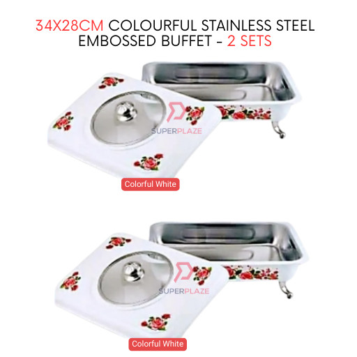 2 Sets White Straight 34x28cm Colorful Stainless Steel Embossed Buffet Food Pan Catering Food Serving Tray