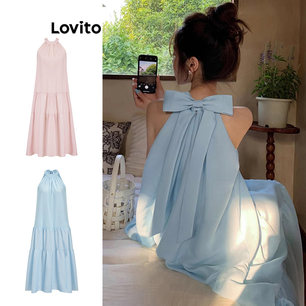 Lovito Casual Plain Bow Back Dress for Women L61AD081 (Blue) Lovito Gaun Pita Punggung Polos Kasual untuk Wanita