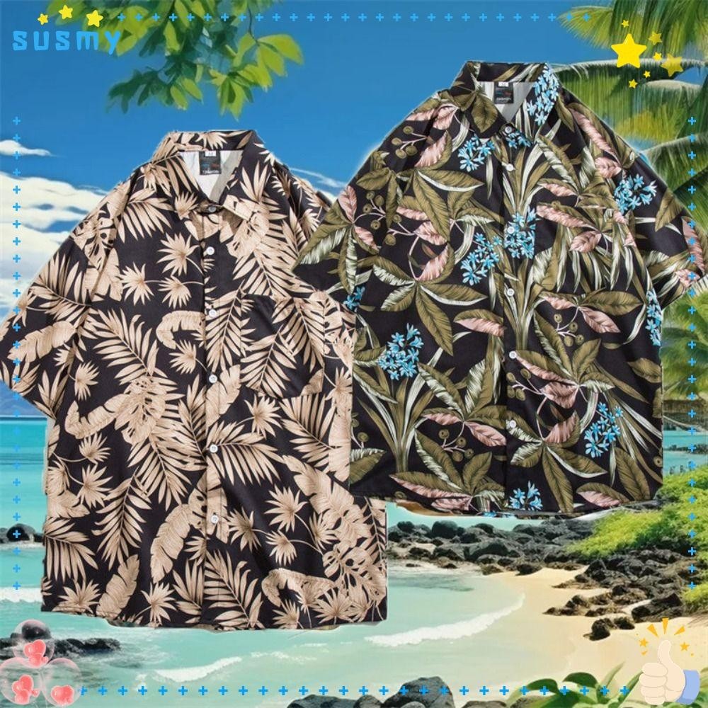 SUSMY Beach Loose Tops, Attractive Color Short Sleeve Hawaiian Shirt, Fashion Holiday Clothing Apparel Comfortable Wear Flower Plants Men's Shirt