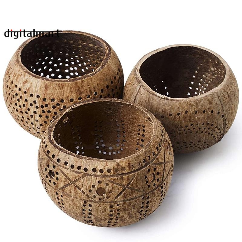 Coconut Shell Wood Candle Holders (Set of 3) with Coconut Scented Tealight Candles - Boho Decor, Votive Candles Holders
