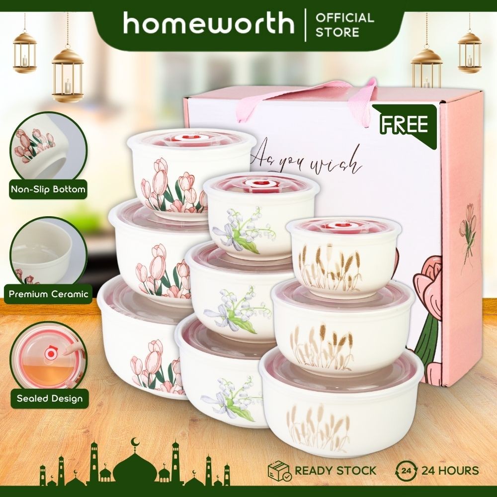 HOMEWORTH 3pcs Ceramic Bowl Set with Air-Tight Lid – Microwave Safe | Wedding Gift |Kitchen Essentials hadiah kahwin set