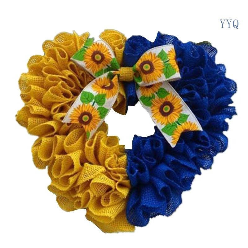 YYQ Ukrainian Peach Heart Wreath Sunflower Bowknot Garland Pendant Ornament for Indoor Outdoor Garden Farmhouse Decorati