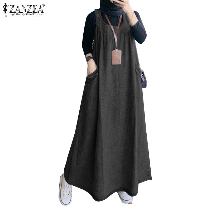 Baju Raya Muslim ZANZEA Women Muslim Daily Pockets Solid Color Sleeveless O-Neck Dresses