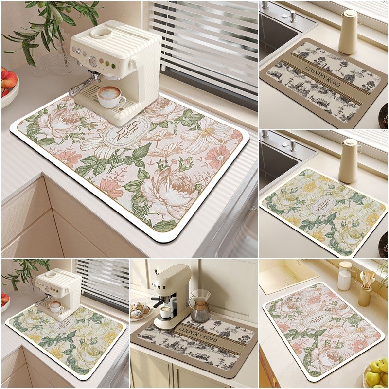 Retro Flower Kitchen Drying Mat Water Absorbent Pad Kitchen Drain Mat Non-slip Placemats Coffee Machine Drying Mat Desktop Decor