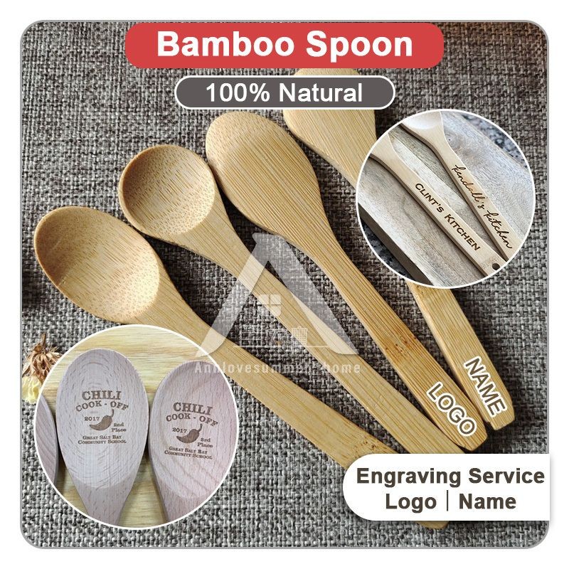 【】Engrave logo service❗️Sudu Kayu Bamboo Wooden Spoon Kitchen Utensils Dessert Honey Cooking Tools Soup-Teaspoonas