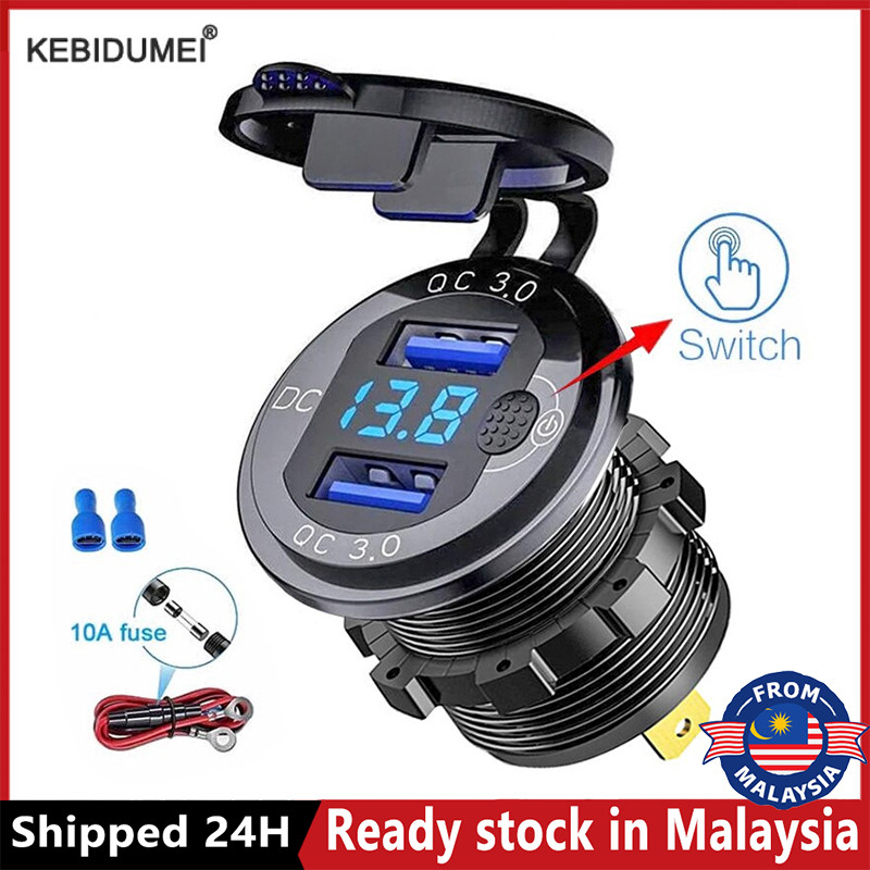 [Local Shipment] QC 3.0 Car Charger Dual USB Socket Waterproof With Voltmeter Switch Quick Charge Adapter 12/24V Motorcycle Truck Boat