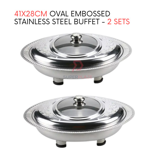 2 Sets 41x28cm Oval Cut Embossed Stainless Steel Buffet Set Catering Serving Tray Food Pan Warmer