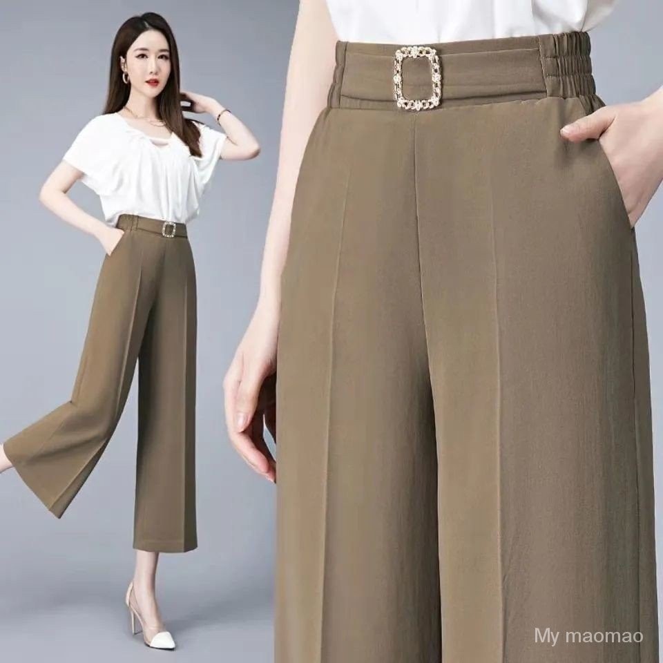 【Ready stock】Ice Silk Wide-Leg Pants Women's Summer Thin Draped Pants Casual Women's Pants High Waist Loose Straight Cropped Pants Women