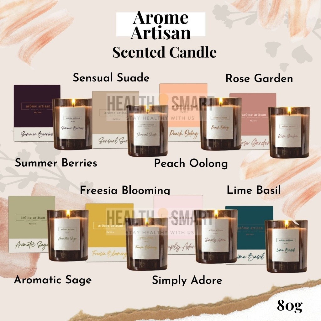 Arome Artisan Candle 80g SummerBerries SensualSuade PeachOolong Rose AromaticSage FreesiaBlooming SimplyAdore LimeBasil