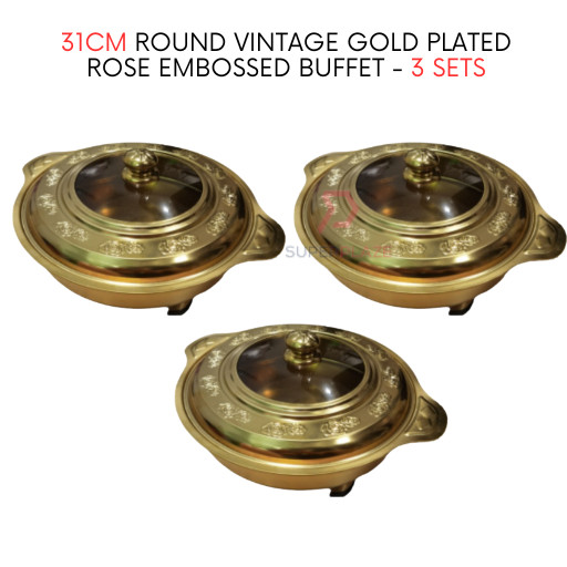 3 Sets 31cm Round Vintage Gold Plated Rose Embossed Buffet Set Food Pan Chafing Dish Serving Set Tray