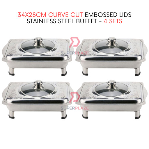 4 Sets 34x28cm Curve Cut Embossed Lids Stainless Steel Buffet Set Catering Serving Tray Food Pan