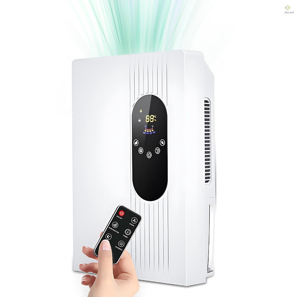 2-in-1 Dehumidifier and Air Purifier with Drain Hose Remote Control LCD Touchscreen Humidity Setting 77oz Smart Dehumidifier with Auto ON/Off 24H Timing for 300 sq.ft Basement Bedr