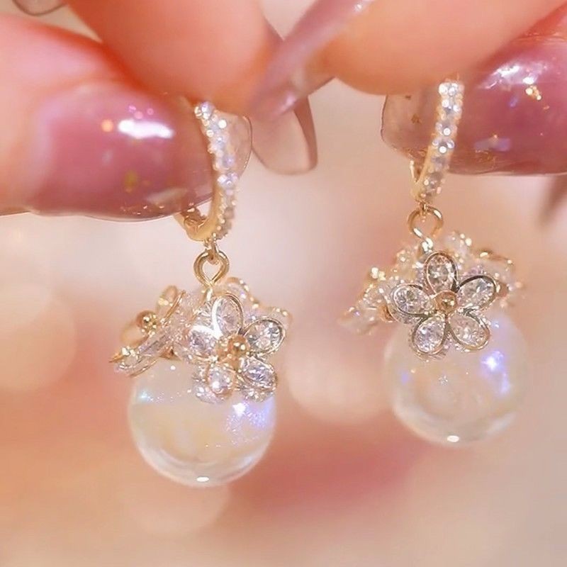 New Style Trendy Zircon Flower Mermaid Earrings Classy Ear Buckle Colorful Pearl Niche High-End Earrings