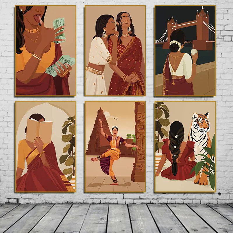 Saree reading book portrait canvas Poster Indian woman south Asian girl illustration Nordic murals home room decor