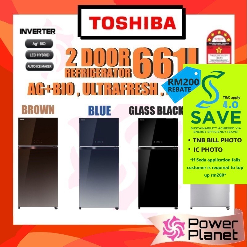 [SAVE4.0] Toshiba Fridge 661L GR-AG66MA ( PGB / GG / XK ) Inverter 2 Doors ( Brown / Blue / Black ) / GR-A66M (S) Silver