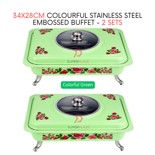 2 Sets Green Straight 34x28cm Colorful Stainless Steel Embossed Buffet Food Pan Catering Food Serving Tray