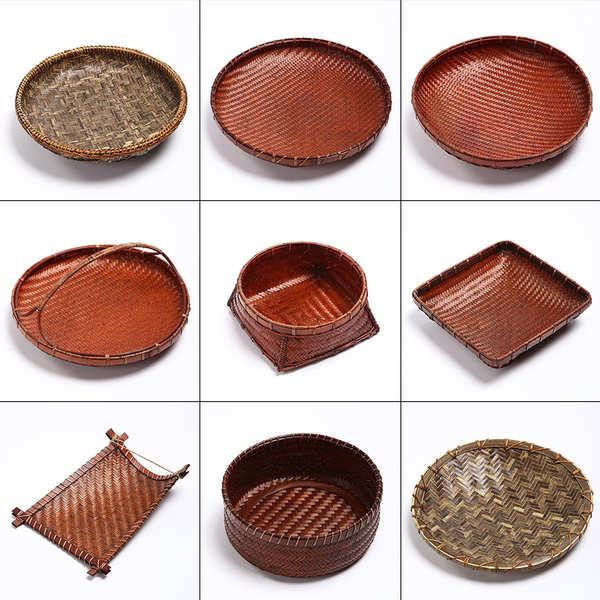 kotak kuih talam bekas kuih raya kedap udara Bamboo Woven Fruit Plate Retro Distressed Refreshment Plate Purple Bamboo Round Bamboo Woven Basket Japanese Style Nut Stacked Dried Fruit Plate Tea