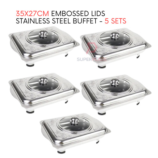 5 Sets 35x27cm Curve Cut Embossed Lids Stainless Steel Buffet Set Catering Serving Tray Food Pan