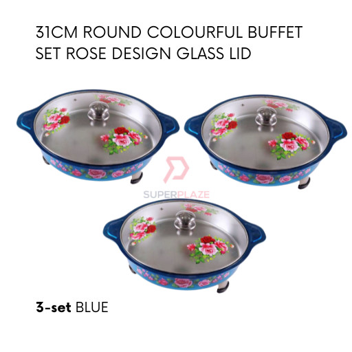 Blue 3 Sets 31cm Round Colorful Buffet Set Rose Design Glass Lid Food Pan Chafing Dish Tray