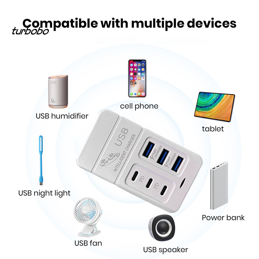 turbobo Lightweight Usb Power Socket Eco-friendly Power Socket 6 Port Usb C Charger Station Fast Charging for Iphone Tablet Watch Headphones Eco-friendly Compact for Southeast