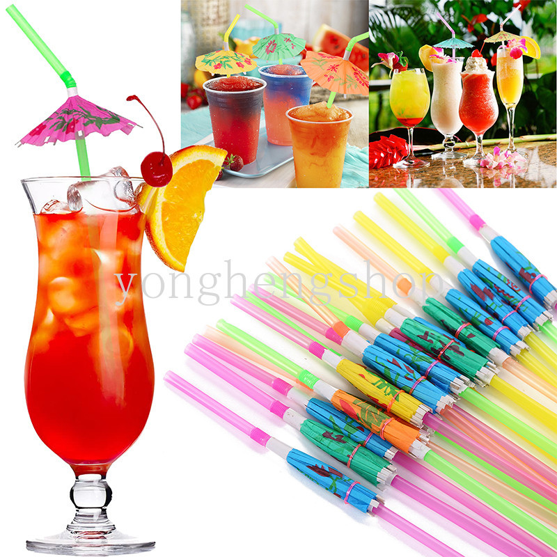 20pcs/set Mixed Color 3D Honeycomb Tropical Umbrella Cocktail Straws Disposable Juice Drinking Straws Hawaii Beach Party Decoration