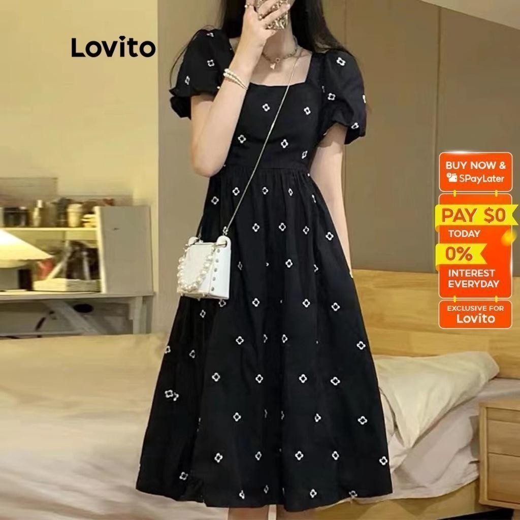 Lovito Casual Floral Puff Sleeves Squared Neck Dress for Women LNE05105 (Black) Lovito Gaun Kasual Bunga Leher Persegi Lengan Puff untuk Wanita