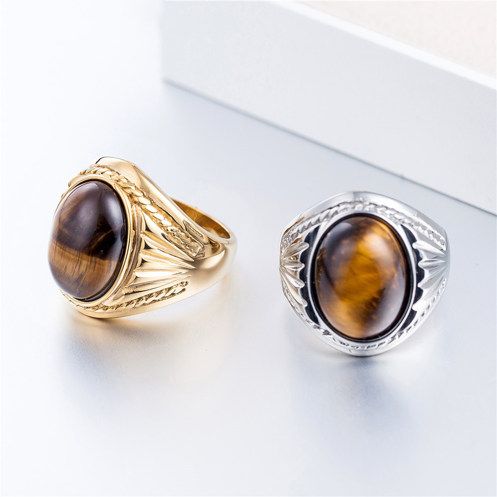Vintage Tiger Eye White Turquoise Silver Gold Titanium Steel Men Punk Fashion Jewelry Finger Rings