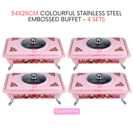 4 Sets Pink Straight 34x28cm Colorful Stainless Steel Embossed Buffet Food Pan Catering Food Serving Tray