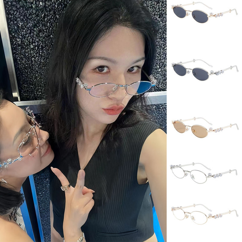 Vintage Full Crystal Anti-blue Light Eyeglasses for Women New Alloy Small Oval Rhinestone Shiny Clear Glasses Frame Sunglasses