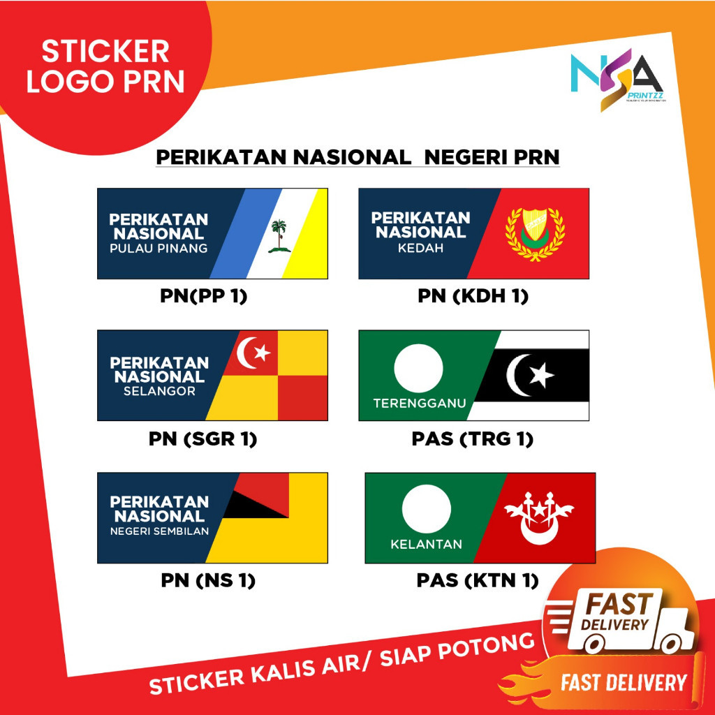 Sticker Perikatan Nasional PAS HARAPAN PRN Kedah Pulau Pinang Selangor Negeri Sembilan Terengganu Kelantan