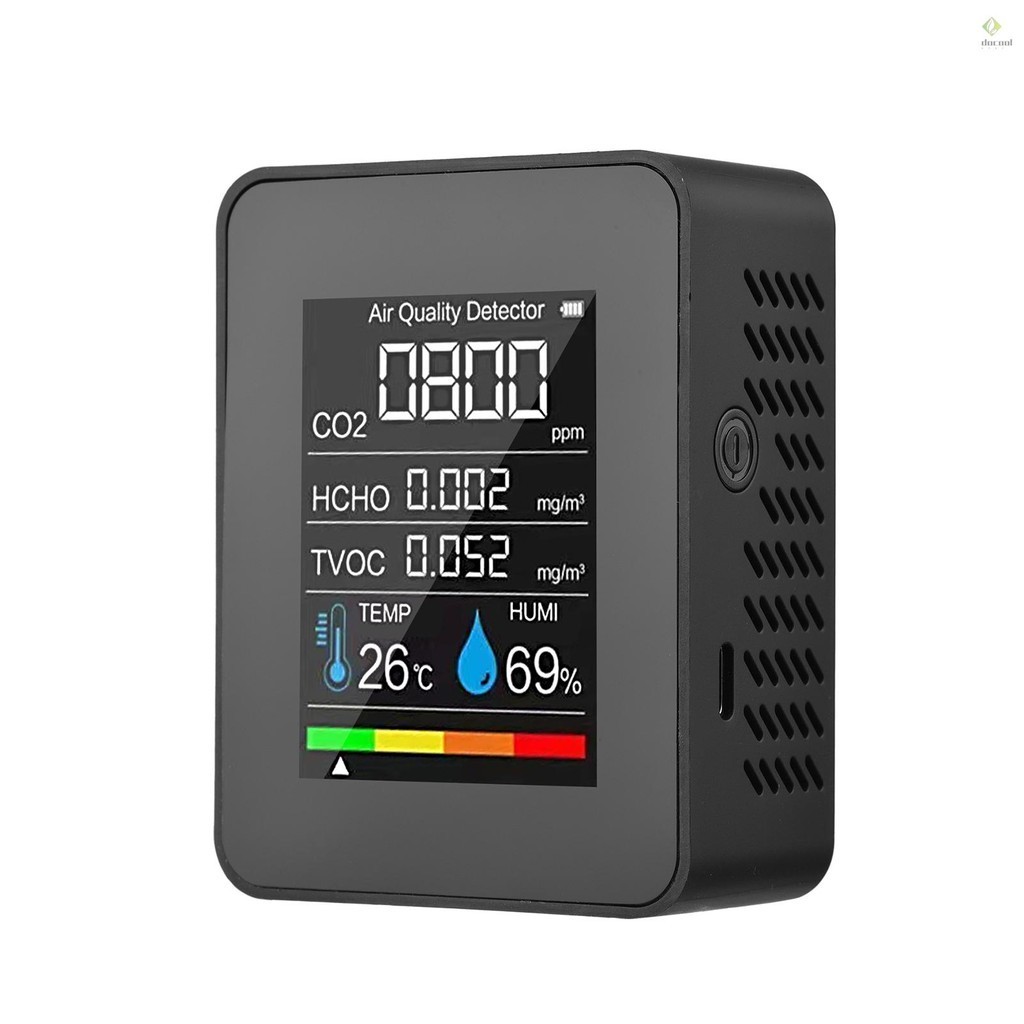 （Fulfill by Shopee）Portable Air Quality Monitor Indoor CO2 Detector 5 in 1 Formaldehyde HCHO TVOC Tester LCD Temperature Humidity Tester Rechargeable CO2 Alarm Meter for Room Office Greenhouse Wareho