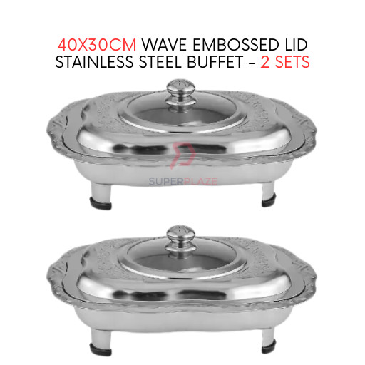 2 Sets 40x30cm Wave Embossed Stainless Steel Buffet Set Catering Serving Tray Food Pan