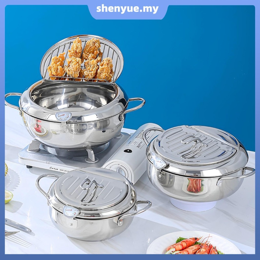 Deep Fryer Pot with Strainer Basket and Thermometer Stainless Steel Deep Frying Pot with Handle 3 Sizes Oil Mini Fryer Dishwasher Safe Deep Frying Oil Container SHOPSBC2340