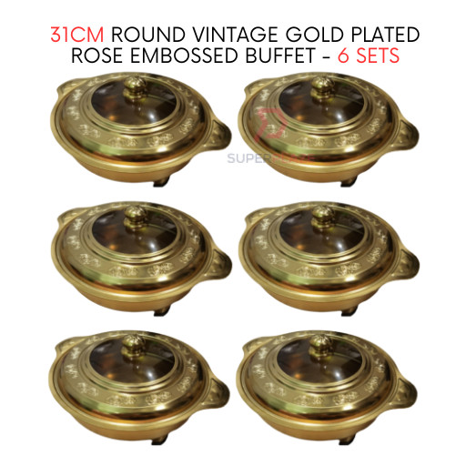 6 Sets 31cm Round Vintage Gold Plated Rose Embossed Buffet Set Food Pan Chafing Dish Serving Set Tray