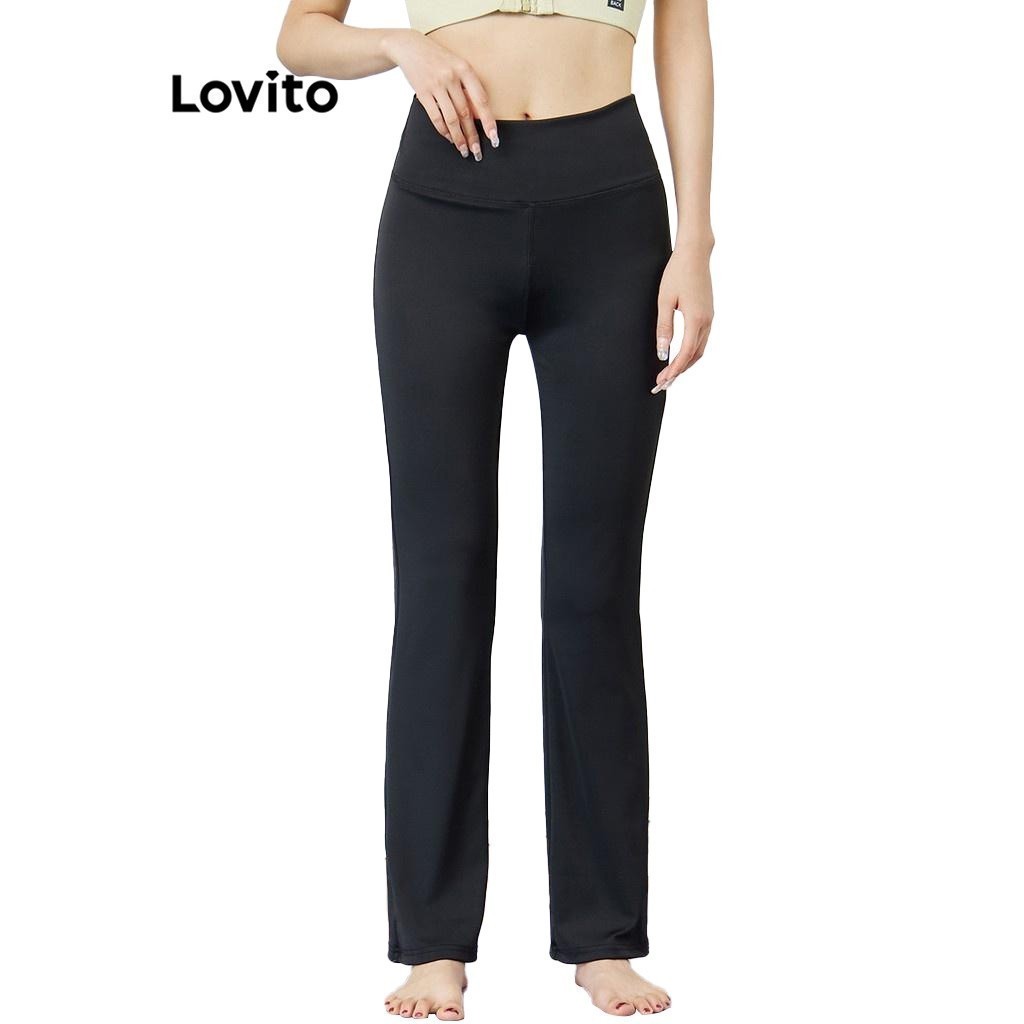 Lovito Sporty Plain Boot Cut Pants for Women High Waist L15X233 (Black)