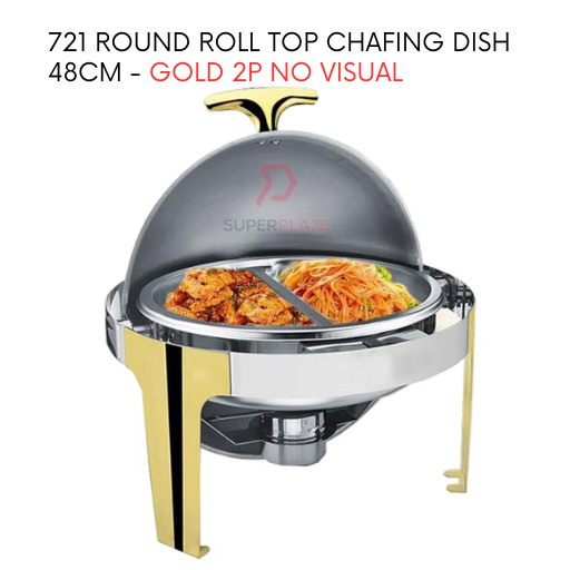 Gold 2P No Visual 48cm Stainless Steel Polished Round Roll Top Chafing Dish Buffet Set Catering Dishes Server