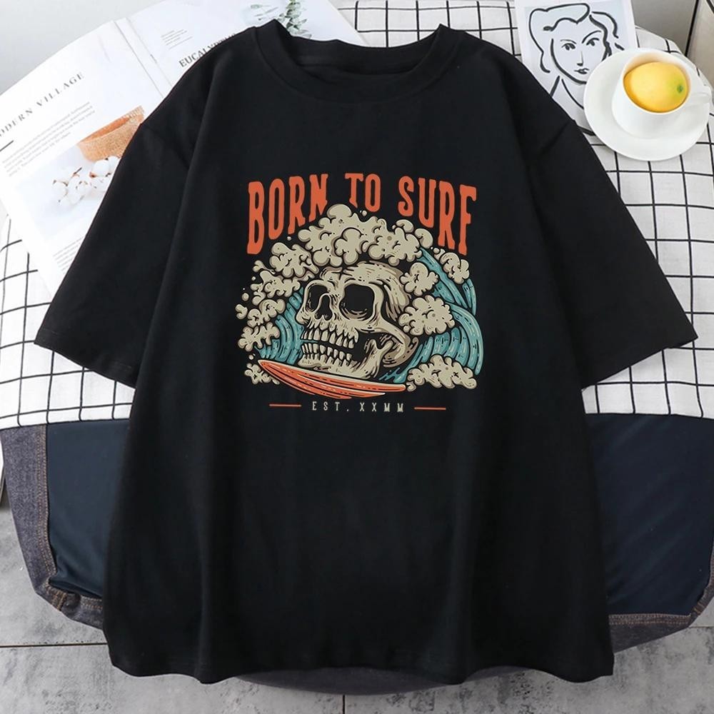 Burn To Surf Even Facing Dead Print Mens Cotton Short Sleeve Vintage Trend Hip Hop T-Shirts Personality Street Man Tee Clothing