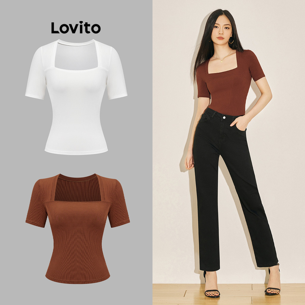 Lovito Casual Plain Basic Square Neck T-Shirt for Women L61AD040 (Brown) Kaos Kasual Polos Basic Leher Persegi Lovito untuk Wanita