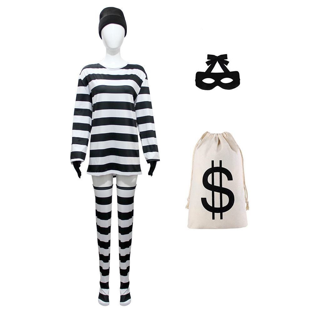 Halloween Funny Costume Adult Prisoner Costume Prison Jumpsuit Striped Short Prisoner Costume*-*&