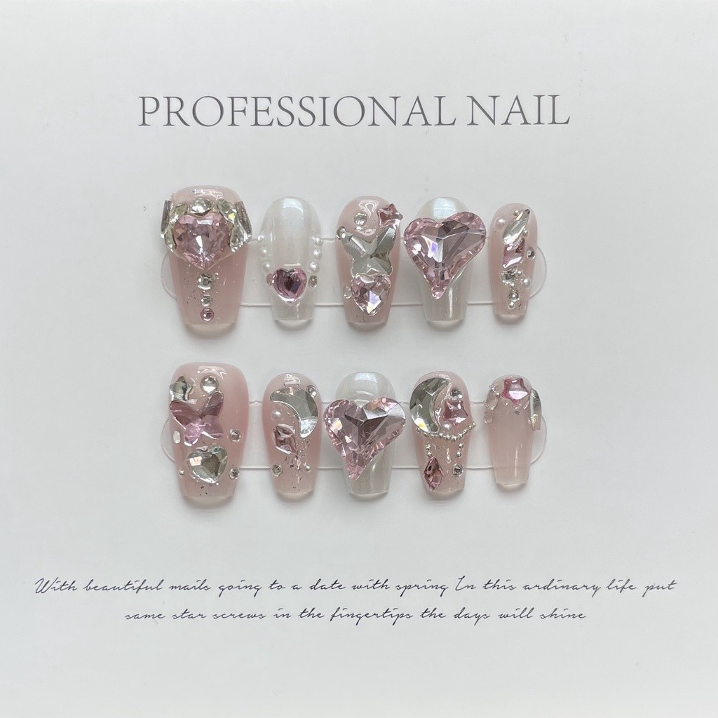 100% HANDMADE Trapezoid Coffin Shape Artificial Nail Art Babes Magic Mirror Powder Diamond Shiny Love Rose Pink Gemstone Pearl Phototherapy Nails Reusable and Removable Nails