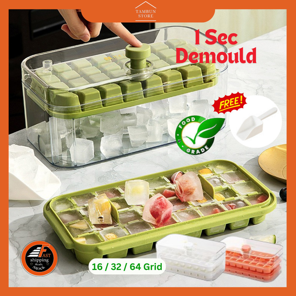 32/64 Grid Ice Cube Box with Lid Yogurt Cube Maker Ice Cube Container Refrigerator Kotak Simpan Ais Tahan Sejuk 制冰块收纳盒