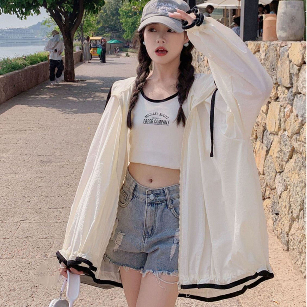 【现货】【9.5万人收藏】时尚连帽防晒衣女夏季长袖外穿薄款外套韩版宽松透气防晒服女95000 people collect fashionable hooded sunscreen20250301