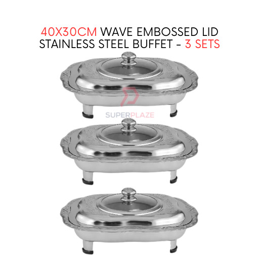 3 Sets 40x30cm Wave Embossed Stainless Steel Buffet Set Catering Serving Tray Food Pan