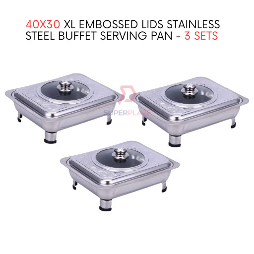 3 Sets 40x30cm XL Embossed Lids Stainless Steel Buffet Set Catering Serving Tray Food Pan