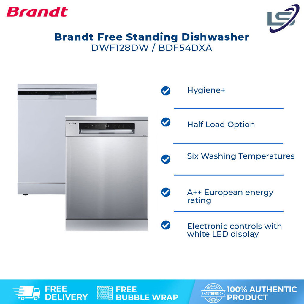 Brandt 12/15 Place Setting Free Standing Dishwasher DWF128DW/BDF54DXA | Hygiene+ | Extra Drying | Up to 24 hours