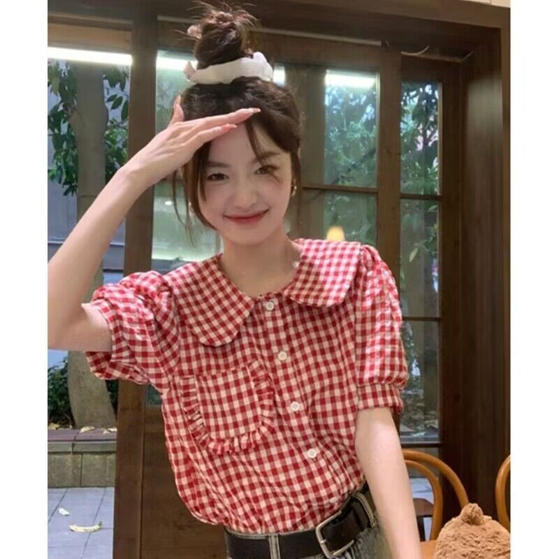 Retro Short-sleeved Shirt Women's Summer New Western Style Age-reducing Beautiful Temperament Doll Collar Top