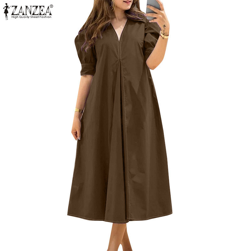 ZANZEA Women Vintage Fashion V-Neck Solid Color Side Pockets Loose Short Sleeve Dress