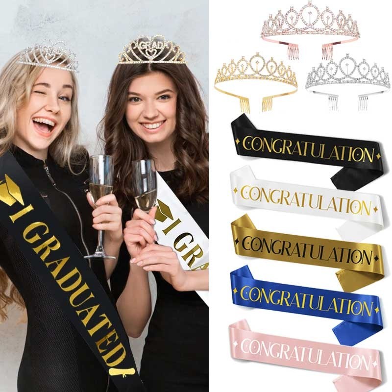 Graduated Satin Sash Glitter Crown Bachelor Graduated Supplies Congratulation Sash Graduation Shoulder Strap Etiquette Ribbon Party Decoration